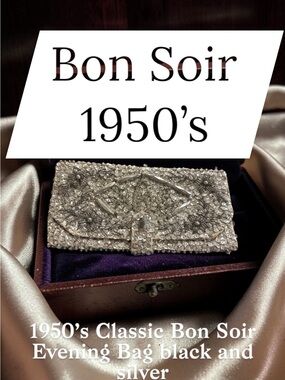 1950-65 Bon Soir Silver and Black Beaded Evening Bag 8.5” x 4.5”